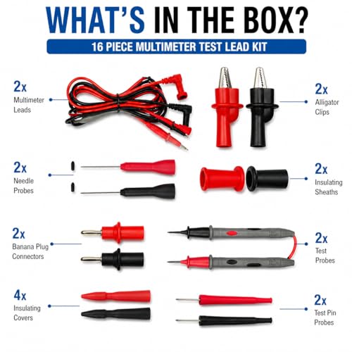 Professional Multimeter Test Leads Kit – 1000V 10A CAT III/IV – Includes Replaceable Gold-Plated Sharp Needle Probes, Alligator Clips, and Banana Plug Extension Cables for Electrical Testing