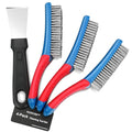 4-Pack Heavy Duty Wire Brush and Scraper Set, 3 Stainless Steel Scratch Brushes & 1 Metal Scraper for Aggressive Cleaning, Rust, Paint Removal, Grill, Kitchen, Auto, DIY with Non-Slip Handle