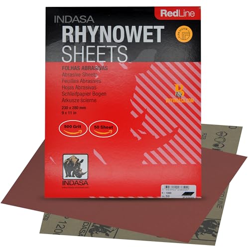 INDASA Rhynowet Red Line Wet Dry Sanding Sheets 9 x 11 Inch 500 Grit Waterproof Latex Backing Abrasive Paper for Wood Metal Automotive Surface Prep Pack of 50 - size: 500-Grit 9"x11"