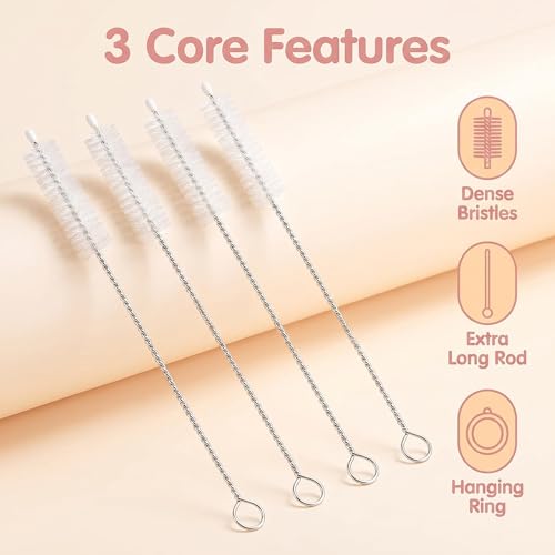 4 Pack Straw Cleaner Brush, Reusable Metal Handles Straw Cleaner Brush Extra Long for Stanley Mug 40, 30, 20 oz, 10mm Wide for Sippy Cup, Water Bottle and Tubes - color: Clear*4