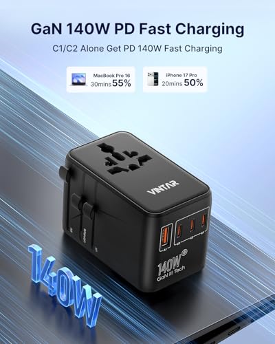 VINTAR Universal Travel Adapter, 140W GaN Fast Charger for EU UK US AU - color: 140W Black