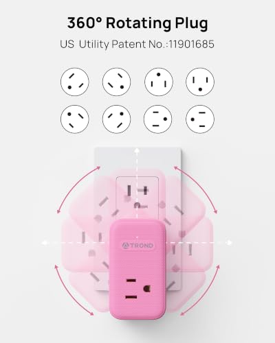 TROND Outlet Extender with USB C, 3 AC Outlet Splitter with 360 Rotation - color: Pink, size: 3 Prong-1 Pack