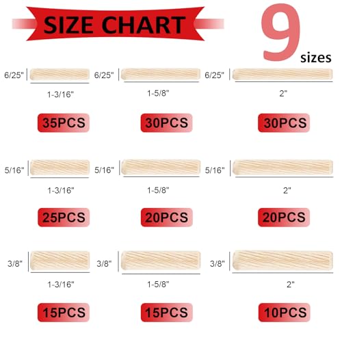 smseace Wooden Dowel Pins with Tapered End with Bevel Angle Groove Wood Pegs - 9 Sizes 6/25inch 5/16inch 3/8inch(6mm, 8mm, 10mm) Used for Crafts, Furniture, Door, DIY - size: 200Pcs - 9 Sizes