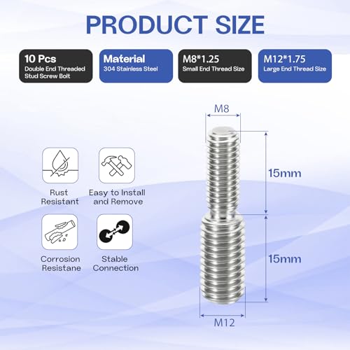 M8x15mm to M12x15mm Double End Threaded Stud Screw Reducing Bolt,304 Stainless Steel Thread Reducer Adapter for Furniture Fastener Welding, Hardware Connectors 10 Pack - size: M8x15mm to M12x15mm