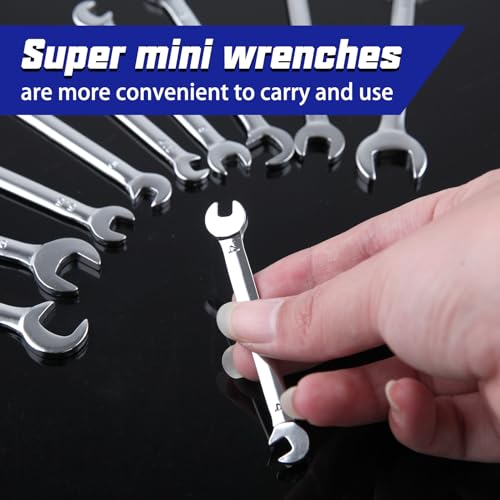 Mini Double Open End Wrench Set Metric 10 Pcs 4mm to 11mm with Portable Storage Pouches Mirror Chrome Finish Super Thin Open Ended Spanner Double Angle Head for Small Fasteners - style: Metric (Double Open End)