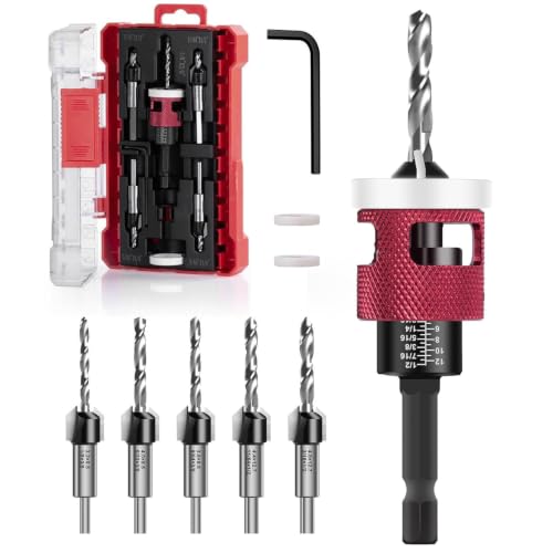 Countersink Drill Bit Set - 5 Pcs Countersink Drill Bit with Low Friction Depth Stop, Replaceable HSS M2 Tapered Bits, Carbide Drill Bits 1/4” Hex Shank for Woodworking Tools & Hand Tools - color: Red