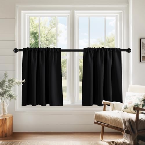 PONY DANCE Black Kitchen Curtains Over Sink 24 inch Long for Small Windows - color: Black, size: 29"W x 24"L (Pack of 2)