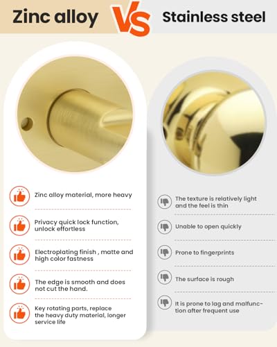 Haidms Gold Door Handles Interior, Brushed Gold Privacy Door Handle, Zinc Alloy Brushed Brass Door Handles for Bedroom, Bathroom, Heavy Duty Modern Square Interior Door Handles (6 Pack)