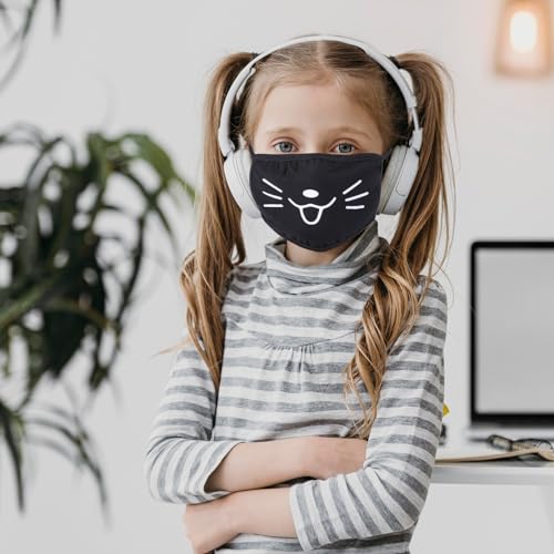 Cute Cat Face Mask, Kawaii Cotton Mouth Masks Reusable Washable Face Mask Anti-Dust Anime Masks for Women Men - color: Black 8pcs