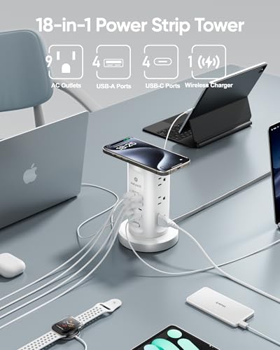 Kakyanill 30W USB Charging Station, Power Strip Tower with 9 AC 8 USB - color: White&Grey