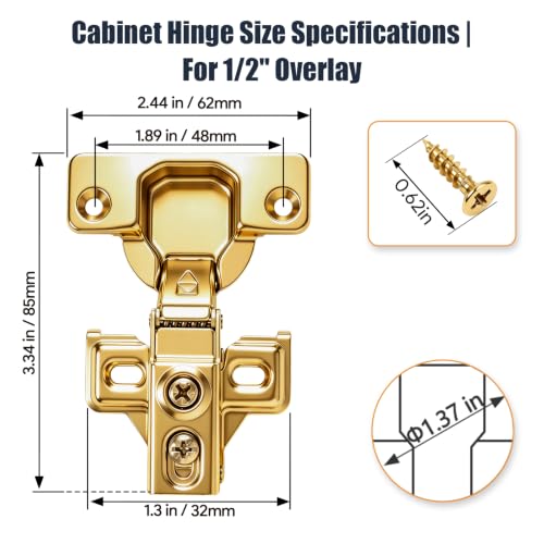 Mousike 20 Pack (10 Pair) Soft Close Cabinet Hinges, 1/2 Overlay Soft Close Hinges for Kitchen Cabinet, Stainless Steel, Built-in Damper, 100 Degree Opening Angle, 6 Way Adjustment (Gold) - color: Gold, size: 20 Pack