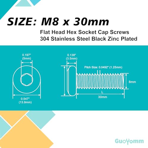 M8 x 30mm 20Pcs Flat Head Hex Socket Cap Screws, 304 Stainless Steel 18-8, Black Zinc Plated, Connection Furniture Bolts, Full Thread - size: M8 x 30mm(20PCS)