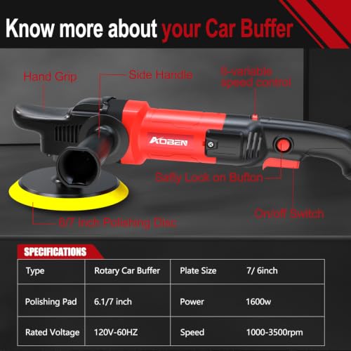 AOBEN Car Buffer Polisher,Rotary polisher,1600W Car Polisher Waxer with 6 Variable Speed,4 Polishing Pads,Detachable Handle for Car Polishing and Waxing - size: AT3501-C2