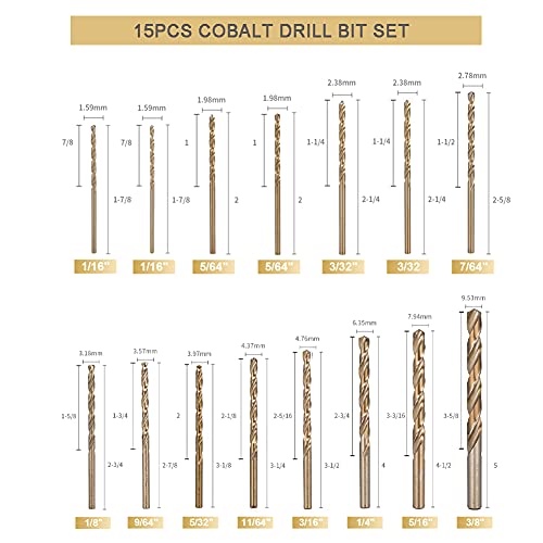 HIDOTOL Cobalt Drill Bit Set 15 PCS + 6PCS Free - M35 High Speed Steel Twist Jobber Length Drill Bits for Hardened Metal, Stainless Steel, Cast Iron, Plastic and Wood, 1/16"-3/8" - size: Cobalt 15 PCS