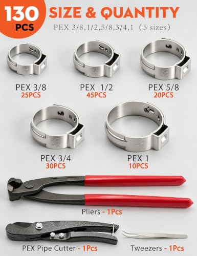 130PCS PEX Cinch Clamps Kit with Crimper Tool for PEX Tubing Vacuum Hoses - color: Pex Clamp-130pcs