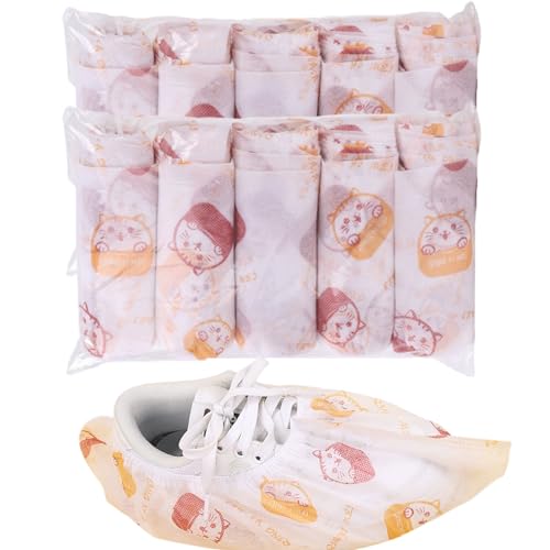 50 Pairs Disposable Shoe Covers, Kids Cat Print with Double Elastic Cuffs