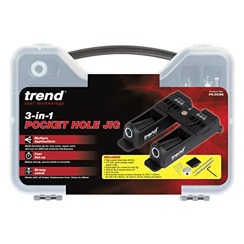 Trend 3 in 1 Pocket Hole Jig Kit with Pocket Hole Jig, HSS Drill Bit & Depth Setting Collar, Square Drive Bit, 50 Screws & Kit Storage Case, PH/JIG/BK - style: 3-in-1