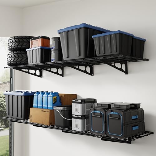 FLEXIMOUNTS 4-Pack 2x4ft Wall Shelf Garage Storage Rack Wall Mounted, Black - color: Black, size: 4 pack-2x4 ft