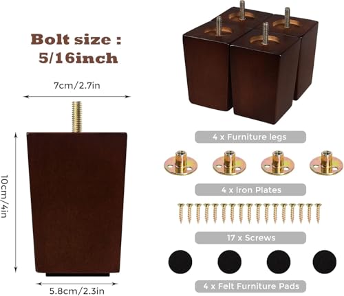 4 Inch Couch Legs for Furniture Set of 4, Square Wooden Furniture Legs - size: 4 Inch