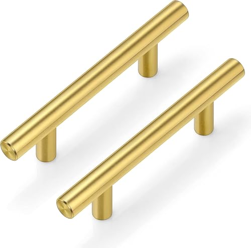 Plustool 60Pack Gold Cabinet Handles 3 Inch Hole Center-Brushed Brass Cabinet Pulls Gold Dresser Drawer Pulls -Stainless Steel Door Hardware for Kitchen Bathroom Bedroom 5 Inch Length - color: Gold