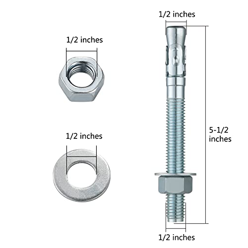 Wensilon 1/2x5-1/2" 10Pcs Inch Standard Fasteners for Heavy-Duty Zinc Wedge Anchors for Cement and Concrete - size: 1/2x5-1/2"
