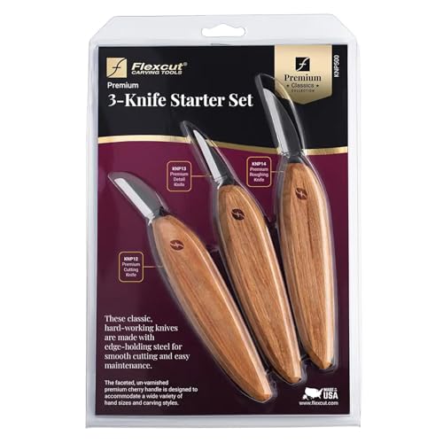 Flexcut Premium Series Wood Carving Tool Set, 3-Knife Starter Kit with Cutting, Detail, and Roughing Knives, Ergonomic Cherry Wood Handles, USA Made