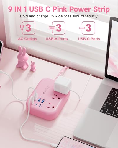 Beeiker 6 USB (3 USB C) Pink Power Strip, 5Ft Extension Cord, 3 Outlets - size: Pink-6 USB 24W-5ft