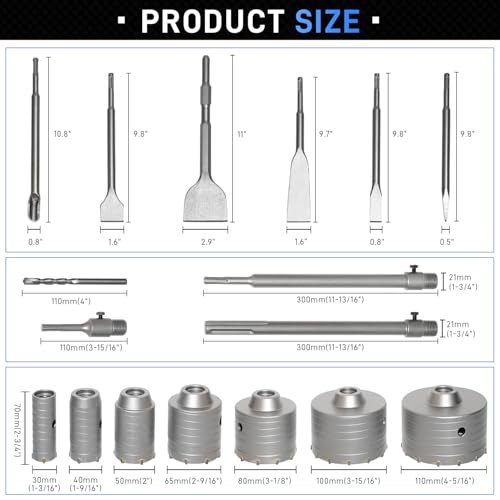 ATOLS 34PCS Concrete Hole Saw Kit, Masonry Concrete Drill Bit Set, Chisel Set with SDS Plus & Max Shanks Wall Hole Saw Drill Bit for Brick Stone Cement Wall, Kit Size 30 40 50 65 80 100 110MM