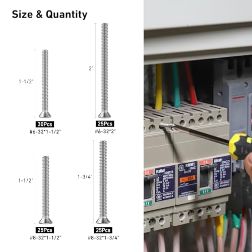 VGBUY 105Pcs Extra Long Outlet Screws Machine Electrical Screws Kit,#6-32#8-32 Phillips Flat Head 304 Stainless Steel for Wall Plate Switch/Outlets,Mounting Electrical Extender - style: 105PCS #6 #8 Kit