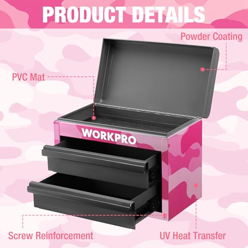 WORKPRO Metal Mini Tool Box with 2 Drawers and Top Storage - color: Pink Camo