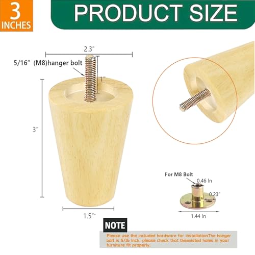 Generic 3 Inch Wood Furniture Legs, Wooden Couch Sofa Leg Feet Set of 4, Mid-Century Modern Round Solid Wood Replacement Legs for Couch, Chair, Sofa, Dresser, Bed, Cabinet, Ottoman - size: 3inch