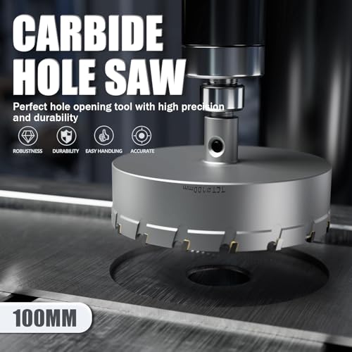 Heavy Duty Carbide Hole Saw Set, 3-15/16” (100mm), Extra Deep Cutting Depth of 1.1 Inches (28mm) - Ideal for Stainless Steel, Mild Steel, Iron, Copper, Brass, and Plastic - size: 100mm(3-15/16")
