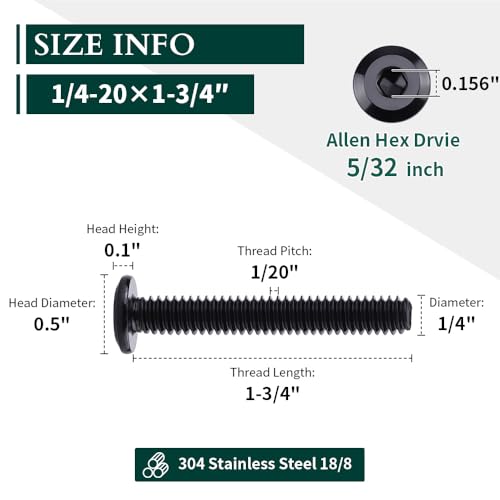 1/4-20 x 1-3/4" Black Hex Socket Head Cap Screws, 304 Stainless Steel 18-8, Furniture Bolts, Connector Screws, Black Coated, Full Thread, 25 PCS - size: 1/4-20 x 1-3/4"