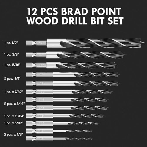12Pcs (1/8" - 1/2") Hex Shank Brad Point Wood Drill Bit Set - size: Hex Shank (1/8"-1/2") - 12pcs