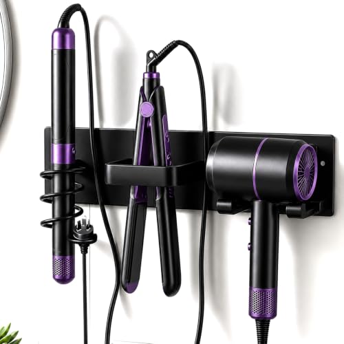Hair Dryer Holder Wall Mounted 3 in 1 Bathroom Hair Tool Organizer Rack with Curling Iron Holder & Flat Iron Holder Blow Dryer Holder for Universal Dryer, Matte Black