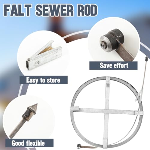 Blulu Flat Sewer Rod 3/4" x 50ft Drain Snake, Adjustable Grip Handle Plumbing Auger Flexible Steel Sewer Cleaning Tool for Dredge Sewers Wells Kitchen Sink Bathroom Drain Outdoor Pipes