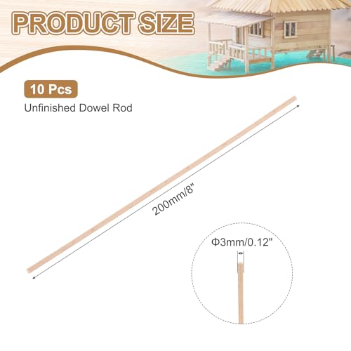 MECCANIXITY Wooden Dowel Rods,(3mm) 1/8 x 8 Inch Round Wooden Rod Unfinished Solid Wood Sticks Crafts Wand for Arts Decoration, Craft and DIY Projects Wand,Pack of 10 - size: (3mm)1/8 x 8 Inch