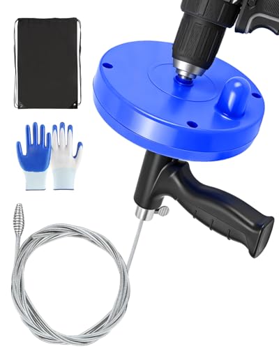 Drain Auger, 25FT Drain Snake with Drill Adapter, Flexible Plumbing Snake Clog Remover with Gloves & Cloth Bag, Use Manually or Powered for Kitchen Bathroom Shower Sink - Blue - color: Bule