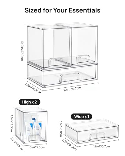 Vtopmart Clear Stackable Storage Drawers Set of 3, Plastic Organizer Bins - style: 2 High+1 Wide