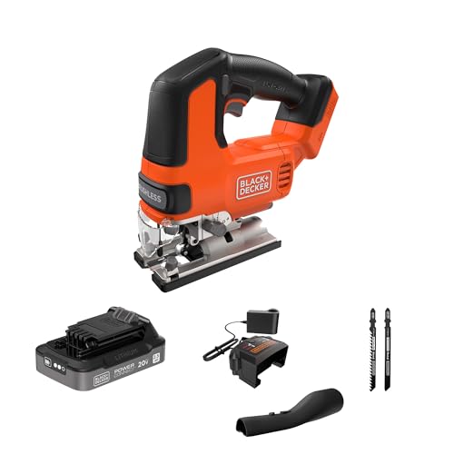 BLACK+DECKER 20V MAX Brushless Cordless JigSaw Kit with 2.5Ah Battery and Charger, 24T Steel Blade, 6T Wood Blade, Up to 82 Ft per Charge, 1 In. Stroke, Variable Speed, LED, PowerConnect (BLJS78E1) - style: Tool + Battery Kit