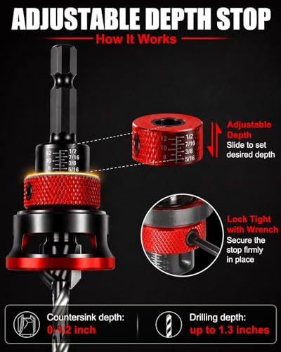 9PCS Countersink Drill Bit Set with Adjustable Depth Stopper - color: Red, size: Standard - Manual Adjustment