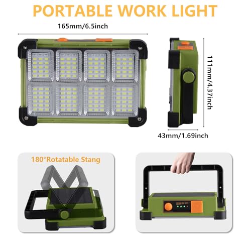 120W Solar Rechargeable Work Light, 144 LED Portable Flood Light with Stand, IP66 Waterproof 4 Modes LED Job Site Lighting Flashlights for Mechanic Camping Fishing Car Repair - color: Green