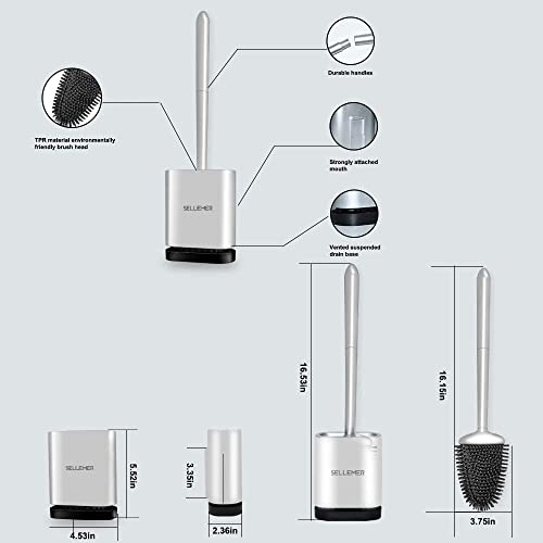 Sellemer Silicone Toilet Brush, Ventilation Slots Base Holder 2 Pack Silver - color: Silver-2pcs
