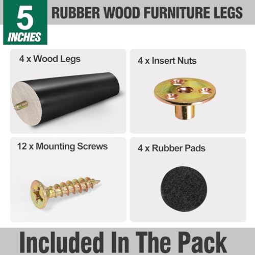 FoDau770 Rubber Wood Legs 5", Slant Taper, 5/16"-18 Thread, Black, 4pcs | Wood Couch legs - Mid Century Sofa Legs - Furniture legs Replacement for Cabinet Dresser Chair Ottoman - color: Black, size: 5 Inch - Slanted (80°)