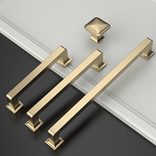 Amerdeco 10 Pack Brushed Brass Cabinet Pulls 3-3/4 Inch(96MM) Hole Centers Kitchen Cabinet Handles Cabinets Hardware Kitchen Handles for Cabinets Cupboard Handles Drawer Pulls ZH0019 - color: Brushed Brass, size: 3.75" Hole Center
