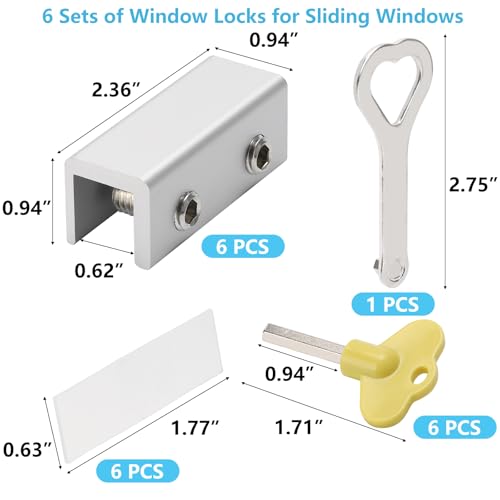 6 Sets Sliding Window Locks with Key, Window Locks for Up and Down Windows, Adjustable Vertical & Horizontal Sliding Door Windows Stopper Lock