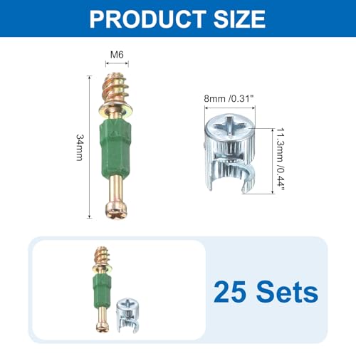 uxcell 25Set 8x11.3mm Cam Locking Screws with M6x34mm Furniture Connecting Fitting, Cam Bolts Dowels for Splicing Assembly of Table Cabinets, Green - size: M6x34mm