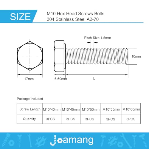 M10 x 40mm 45mm 50mm 55mm 60mm Hex Bolts, Hexagon Head Screws, 304 Stainless Steel(A2-70), Metric Fully Thread, Bright Finish, Assortment Kit 15PCS - size: M10x40-60mm(15PCS)