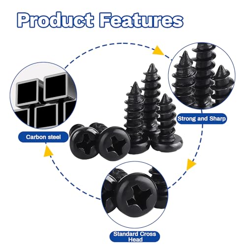 300Pcs M4x6/8/10/12/16 Self-Tapping Wood Screws Assortment Kit, Phillips Pan Head, Black Carbon Steel, 5 Sizes, for Wood Plastic and Soft Metal - size: M4x6/8/10/12/16-300Pcs