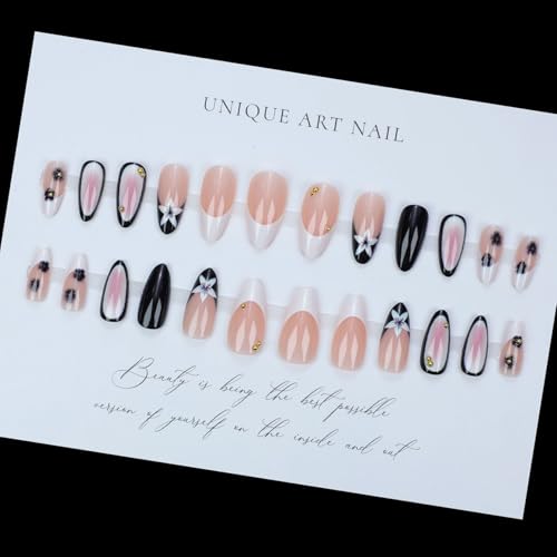 LPOODDNU Black White Press on Nails - Almond Medium French Fake Nails with Flower&Gold Bead Designs, Glossy Finished Reusable False Nails with Glue Tabs - 24Pcs Nail Kit for Women Manicure - color: black white french flower